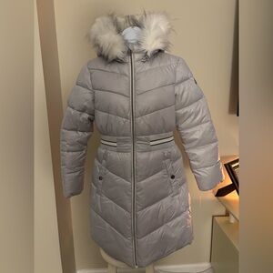 Michael Kors Silver Puffer Jacket with Faux Fur Hood